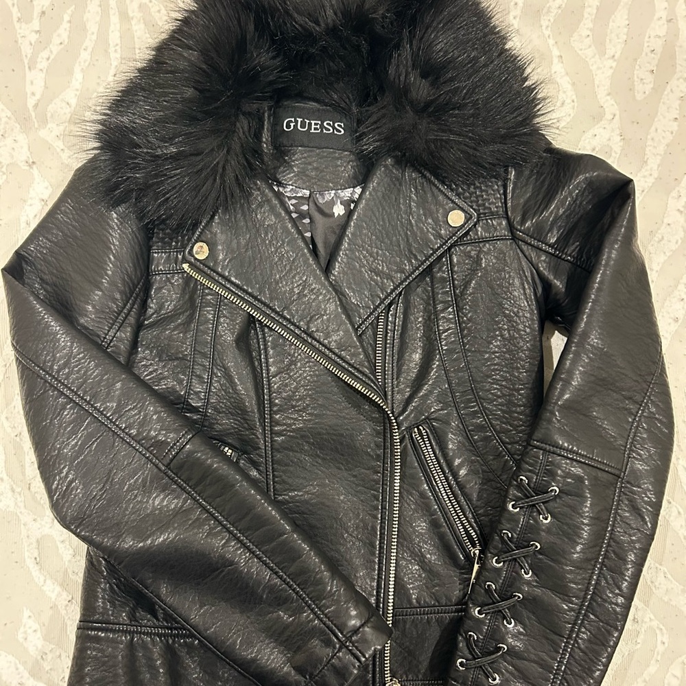 GUESS Black Faux Leather Jacket with Fur Collar